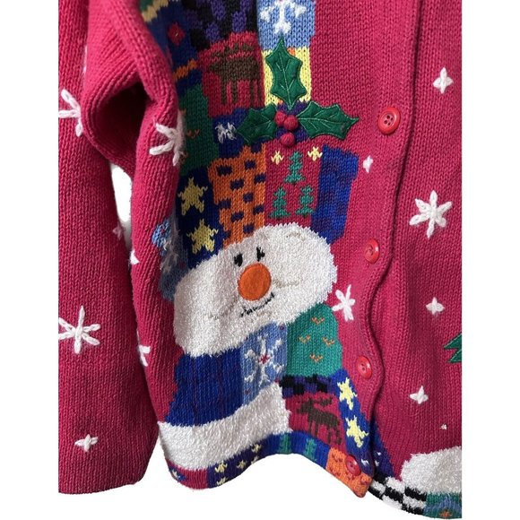 Vtg Design Options Philip Jane Gordon Sweater Snowman Patchwork Collar Button - Picture 3 of 11